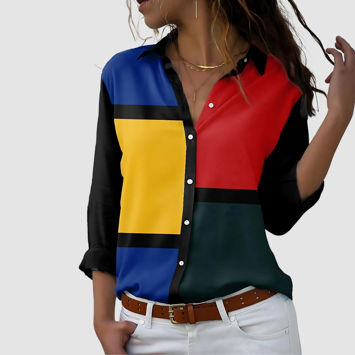 Soft blouse with multicolor block panels and button-up front, roll-tab sleeves