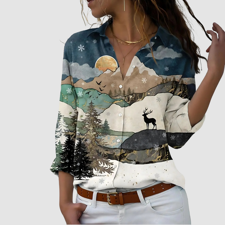 Soft blouse in scenic landscape print with deer and mountains, button-up front