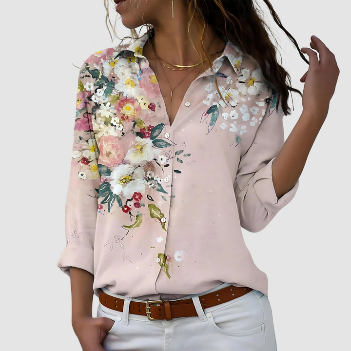 Soft blouse with floral watercolor print, button-up front and roll-tab sleeves