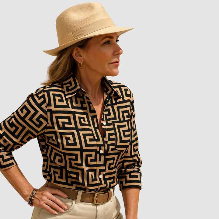 Dune beige button-up blouse with black maze-style geometric pattern and long sleeves