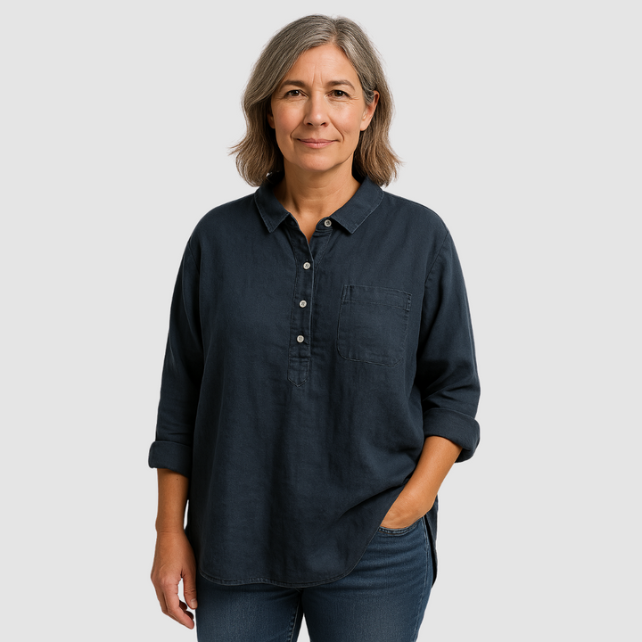 Navy blue button-up blouse with collar, buttons, and front chest pocket, long sleeves