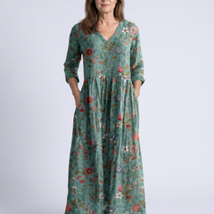 Floral v-neck three-quarter sleeve maxi dress, teal-green with red-yellow blossoms