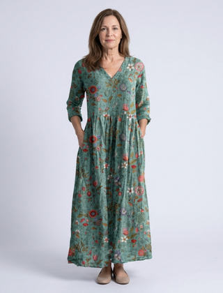Floral v-neck three-quarter sleeve maxi dress, teal-green with red-yellow blossoms