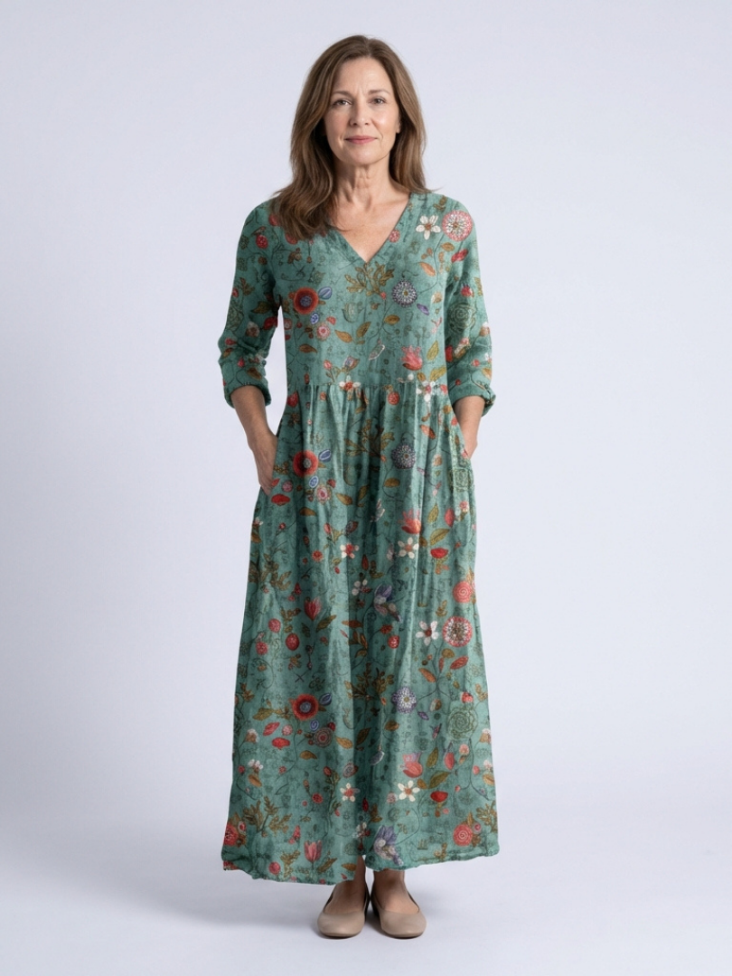 Floral v-neck three-quarter sleeve maxi dress, teal-green with red-yellow blossoms