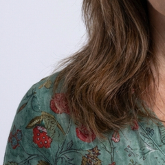 Floral print on teal-green maxi dress fabric with red and tan flowers