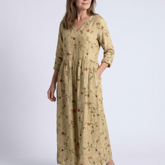 Floral v-neck three-quarter sleeve maxi dress, olive-yellow with small red blooms