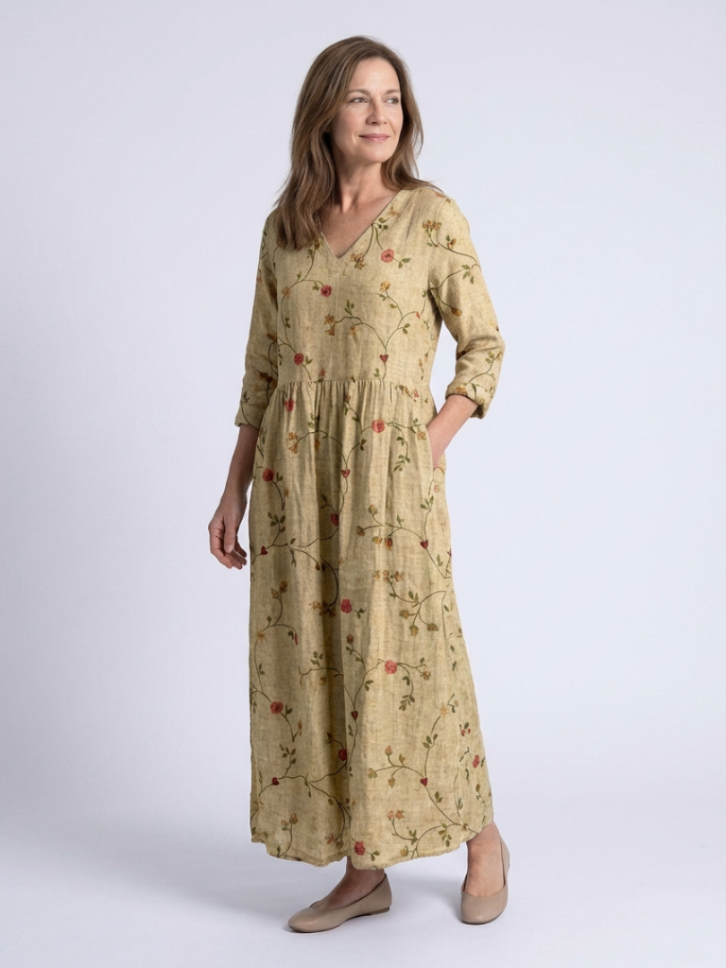 Floral v-neck three-quarter sleeve maxi dress, olive-yellow with small red blooms