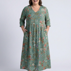 Floral v-neck three-quarter sleeve maxi dress, teal-green with gathered skirt