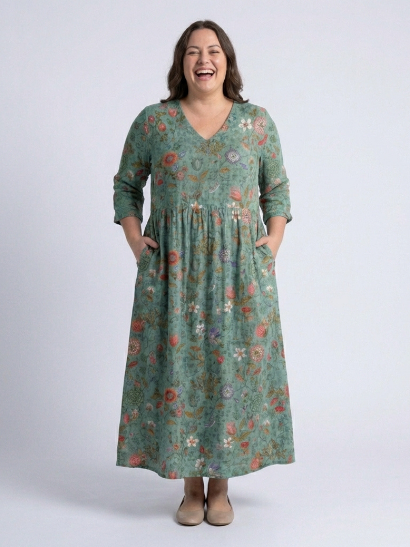 Floral v-neck three-quarter sleeve maxi dress, teal-green with gathered skirt