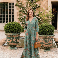 Floral v-neck maxi dress, teal-green with red blossoms and 3/4 sleeves