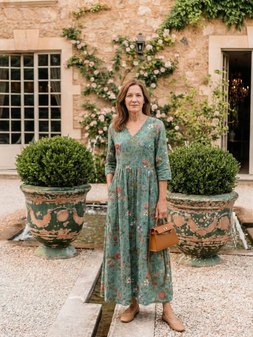 Floral v-neck maxi dress, teal-green with red blossoms and 3/4 sleeves