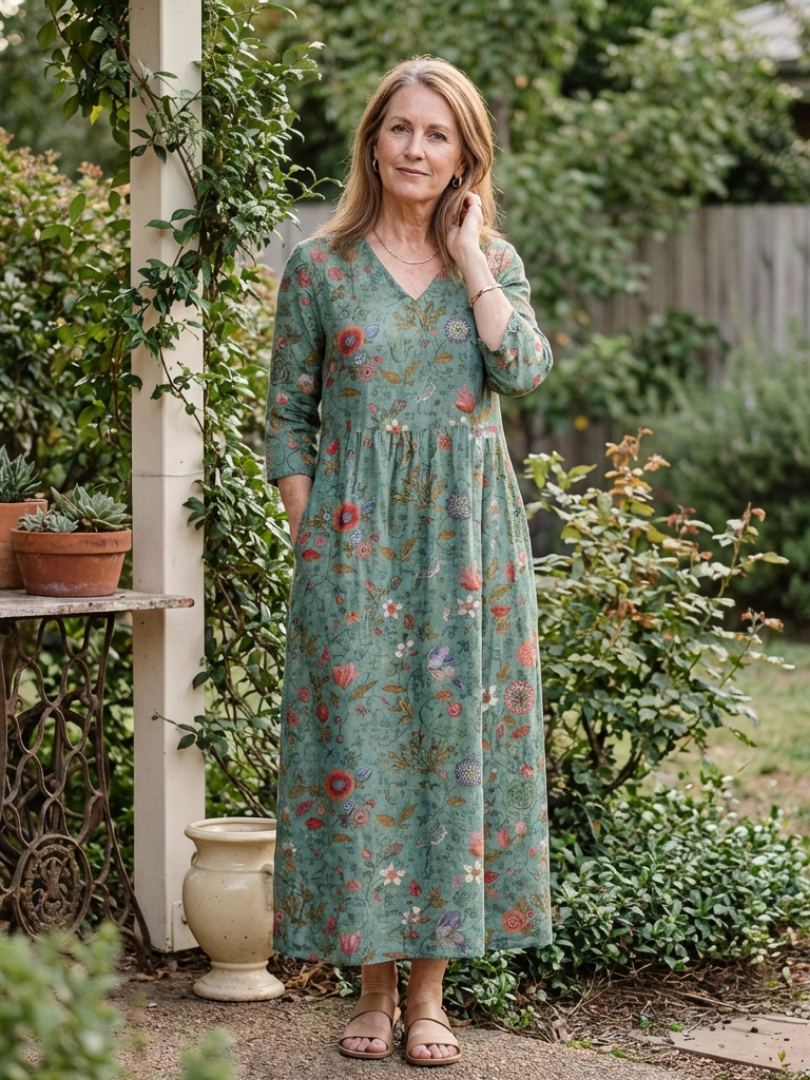 Teal-green floral maxi dress with v-neck and three-quarter sleeves