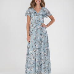 Sky blue floral chiffon maxi dress with V-neck, short sleeves, and tiered skirt.