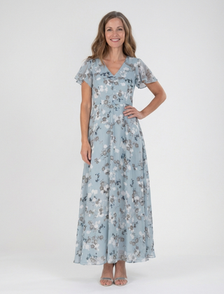 Sky blue floral chiffon maxi dress with V-neck, short sleeves, and tiered skirt.