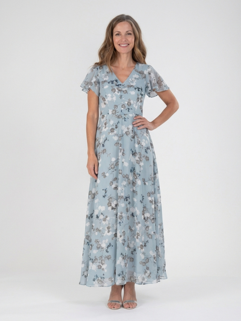 Sky blue floral chiffon maxi dress with V-neck, short sleeves, and tiered skirt.