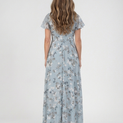 Sky blue floral chiffon maxi dress, V-neck and short sleeves, back view.