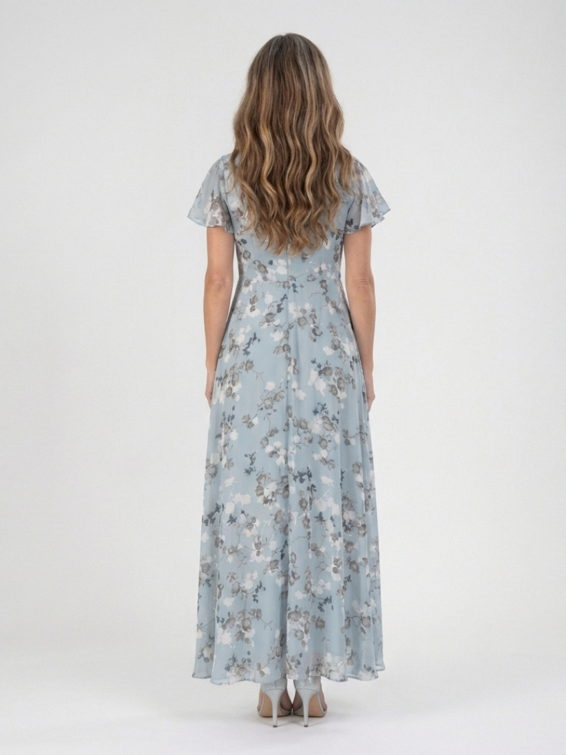Sky blue floral chiffon maxi dress, V-neck and short sleeves, back view.