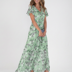 Green floral chiffon maxi dress with V-neck, short flutter sleeves, tiered skirt.