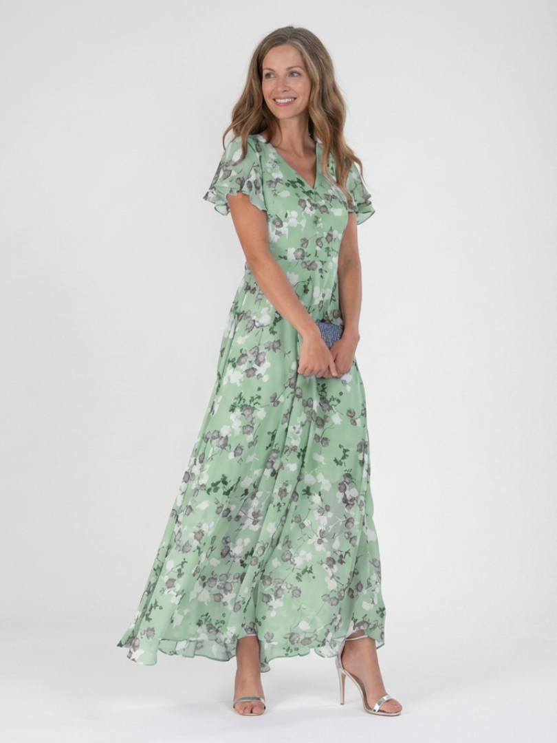 Green floral chiffon maxi dress with V-neck, short flutter sleeves, tiered skirt.