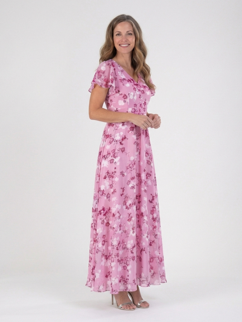 Pink floral chiffon maxi dress with V-neck and short sleeves, flowing tiered skirt.