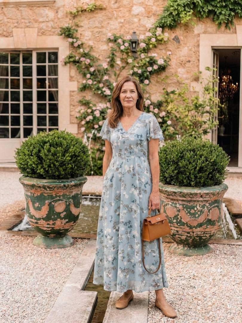 Sky blue floral chiffon maxi dress with V-neck and short sleeves, tiered skirt.