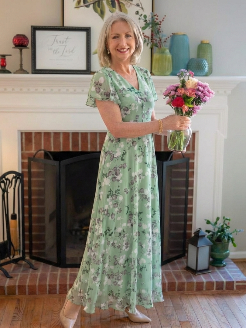Green floral chiffon maxi dress with V-neck and short sleeves, tiered silhouette.