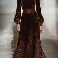 Serene™ elegant suede maxi dress, dark brown turtleneck and long sleeves with lace trim