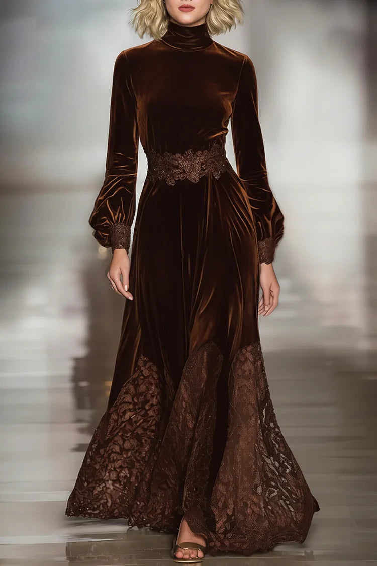 Serene™ elegant suede maxi dress, dark brown turtleneck and long sleeves with lace trim