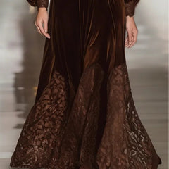 Elegant suede maxi dress in dark brown, lace-trimmed maxi hem and gathered waist