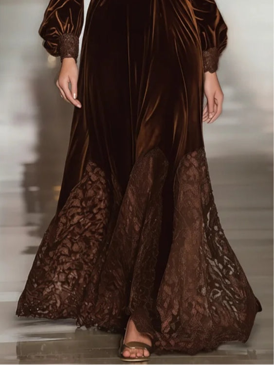 Elegant suede maxi dress in dark brown, lace-trimmed maxi hem and gathered waist