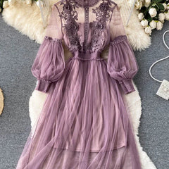 Purple lilac lace tulle long-sleeve dress with puff sleeves and tiered skirt