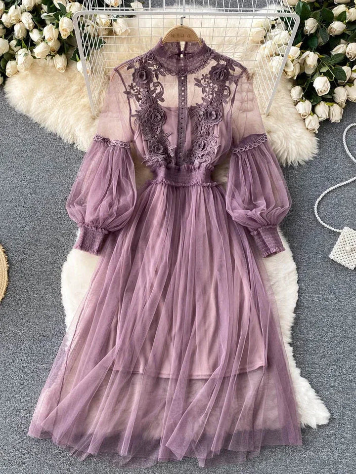 Purple lilac lace tulle long-sleeve dress with puff sleeves and tiered skirt