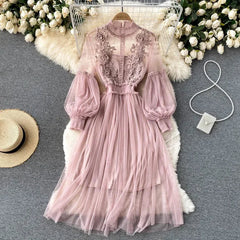 Lavender tulle lace long-sleeve dress with puff sleeves and embroidered bodice