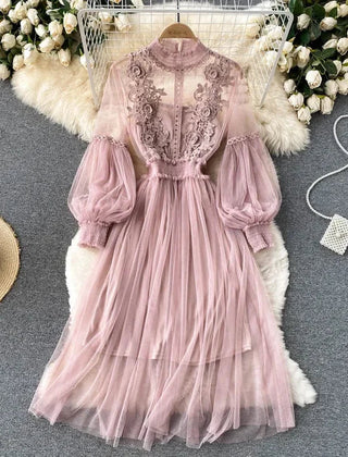 Lavender tulle lace long-sleeve dress with puff sleeves and embroidered bodice