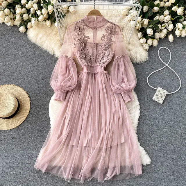 Lavender tulle lace long-sleeve dress with puff sleeves and embroidered bodice