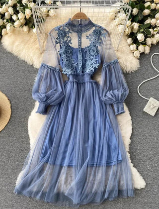 Light blue lace tulle long-sleeve dress with puff sleeves and tiered net skirt