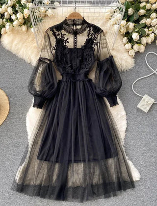 Black lace and tulle long-sleeve dress with puff sleeves and gathered waist