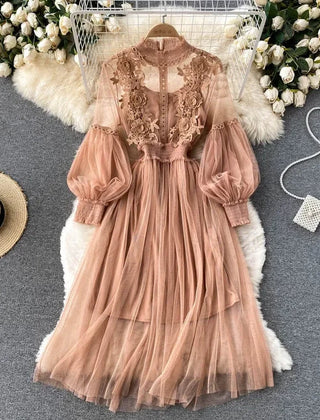 Peach rose lace tulle long-sleeve dress with puff sleeves and layered skirt
