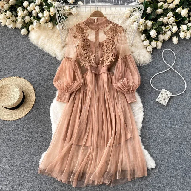 Peach rose lace tulle long-sleeve dress with puff sleeves and layered skirt