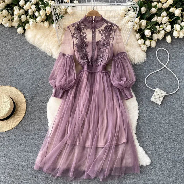 Lavender puff-sleeve tulle dress with lace yoke and layered tulle skirt