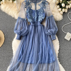 Blue lace tulle long-sleeve dress with puff sleeves and embroidered yoke bodice
