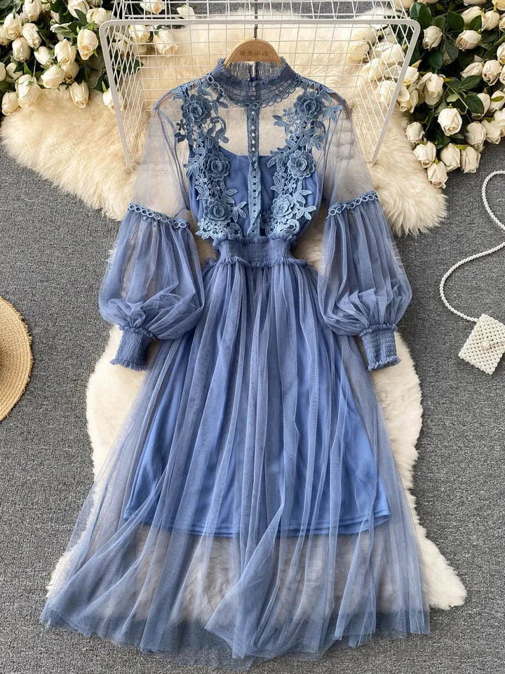 Blue lace tulle long-sleeve dress with puff sleeves and embroidered yoke bodice