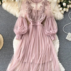 Pink lace tulle long-sleeve dress with puff sleeves and embroidered front panel