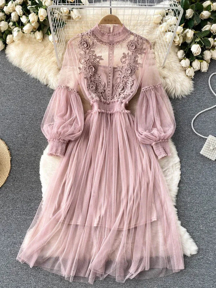 Pink lace tulle long-sleeve dress with puff sleeves and embroidered front panel