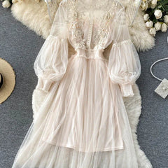 Cream/beige lace long-sleeve tulle dress with puff sleeves and layered hem