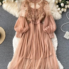 Rose brown lace tulle long-sleeve dress with puff sleeves and tiered full skirt