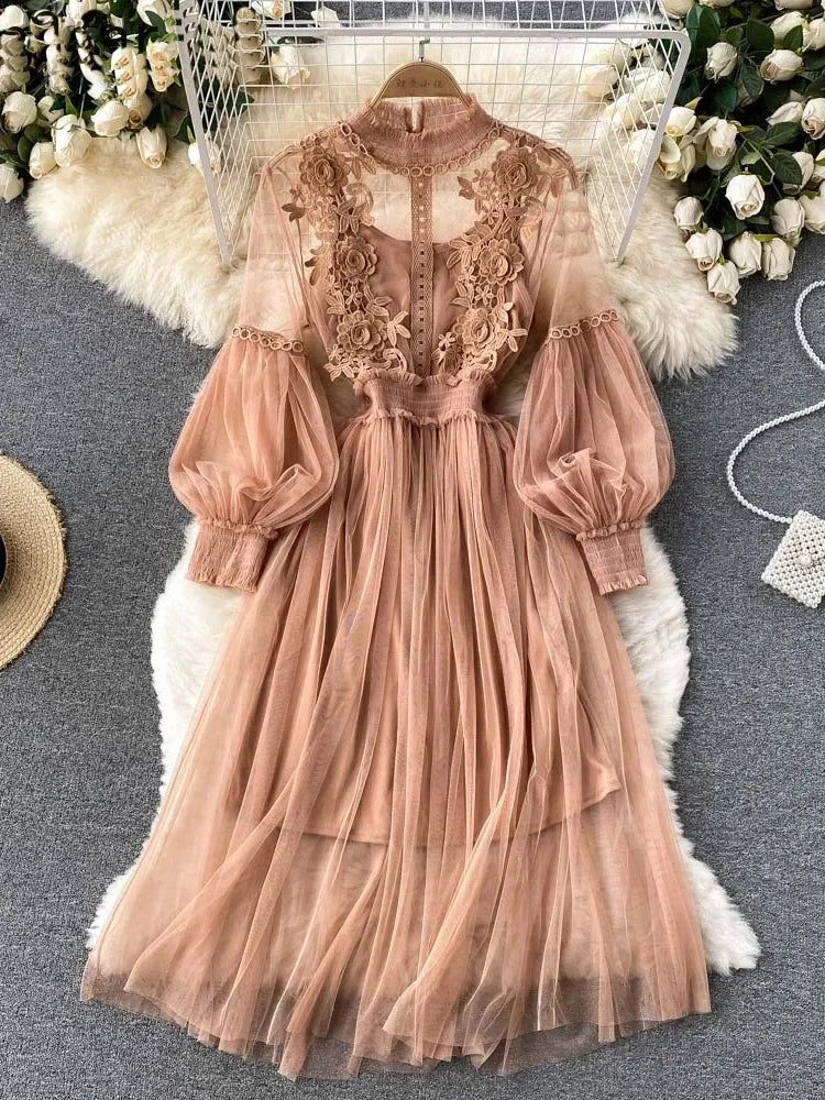 Rose brown lace tulle long-sleeve dress with puff sleeves and tiered full skirt