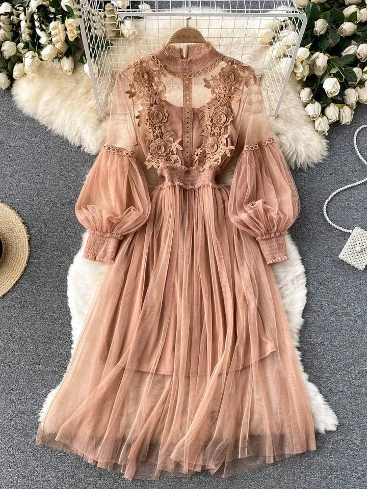 Rose brown lace tulle long-sleeve dress with puff sleeves and tiered full skirt