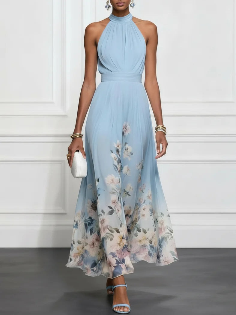 Light blue halter maxi dress with floral print skirt, sleeveless, belted waist