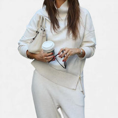Women's white knit lounge set with crewneck sweater and matching jogger pants